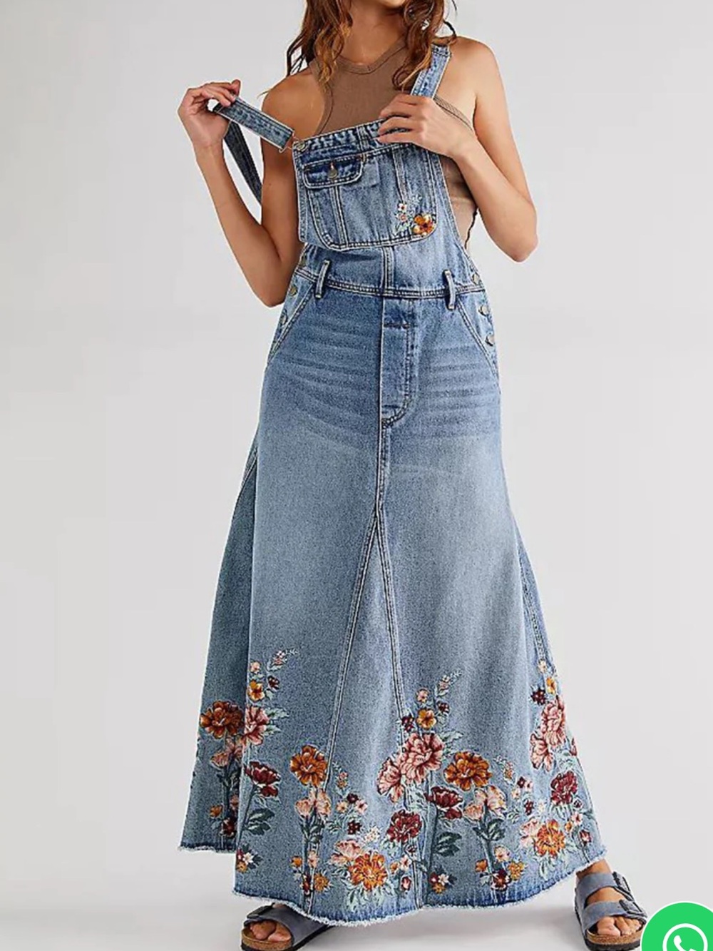 Driftwood x Free People Denim Floral Embroidered Maxi Shirtall Dress - Picture 1 of 6